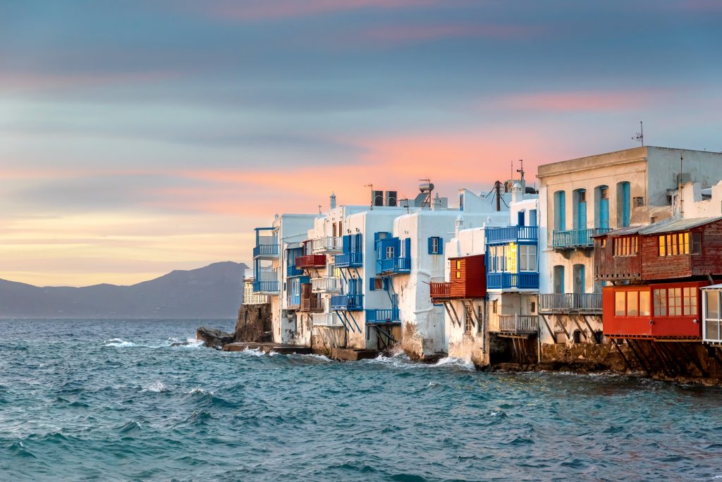 bright scenic view of the colorful waterfront. mykonos town, greece